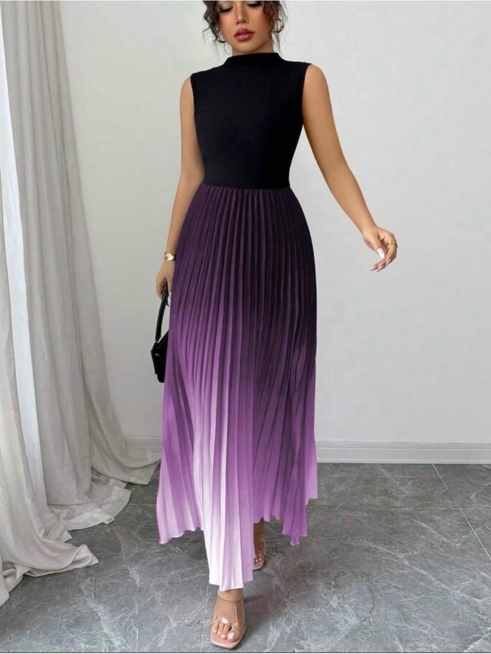 Sleeveless Black Top Ombre Purple Pleated Maxi Dress